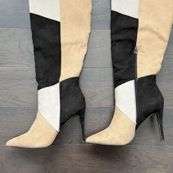 JustFab Faux Suede Patchwork Knee High Heel Boots Womens 10 Black Tan Y2K 90s - Picture 2 of 13